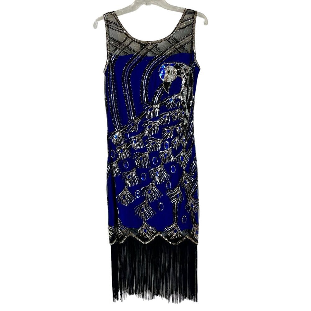 Babeyond Flapper Dress Peacock Sequin Fringe 1920s Gatsby S NWT - Picture 5 of 11